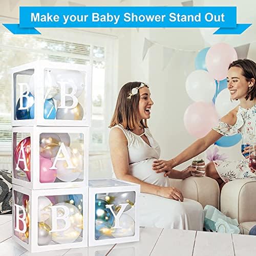 Baby Shower Decorations Balloon Boxes Kit  4Pcs DIY Boxes with 30 Balloons, 4 Strings of LED Lights, 4 Set of BABY Letters for Boys Girls Baby,Bridal Showers Gender Reveal Birthday Party Decor (Blue)