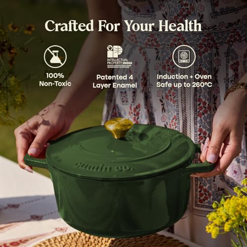 Image of CUMIN CO. Cast Iron Dutch Oven 1.2L, 16 cm | Induction Base Cookware | 10 Years Warranty | Non Toxic Non Stick Biryani Pot with Lid | Heavy Bottom | Chemical Free Coating | Free Accessories | Green