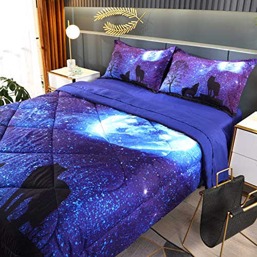 Wowelife Blue Wolf Bed Set Twin 5 Piece Wolf Howling Twin Size Comforter Set(Twin, Lonely Wolf) #TOP1