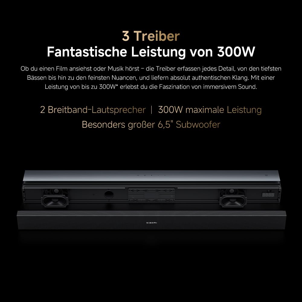 XIAOMI Soundbar Pro 2.1ch, TV-Soundbar 300W Max., kraftvoller Bass mit externem kabellosem Subwoofer, unterstützt Dolby Audio™ & DTS Virtual:X, HDMI ARC/Optisch/Koaxial/Bluetooth, Fernbedienung