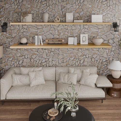Image of IAE Floating Wall Shelves 72 inch,Bathroom Shelf Wall Mounted,Invisible Shelf Floating Kitchen Shelves,Wooden wall Shelving with Brackets for Living Room wall Mounted,Easy Install,Set of 2,Natural