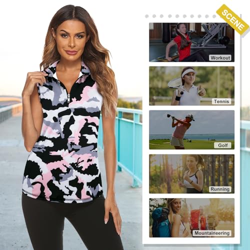 Image of Koscacy Women's Sleeveless Golf Tennis Polo Shirts Zip Up Dry Fit Workout Tank Tops Athletic Shirt