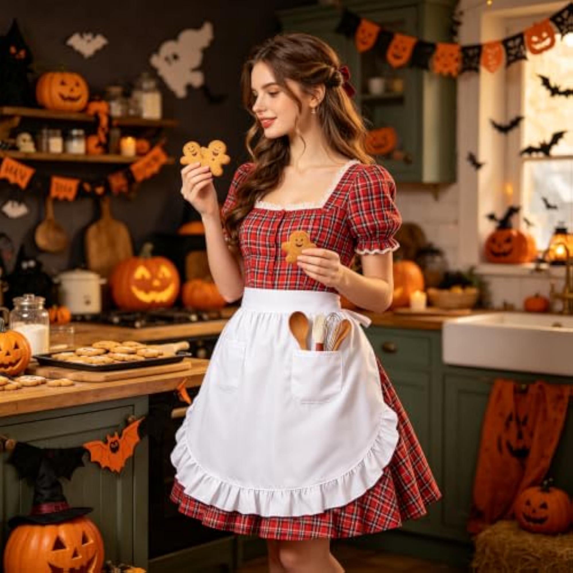 White Waist Apron with Pockets for Women, Maid Half Apron with Ruffle