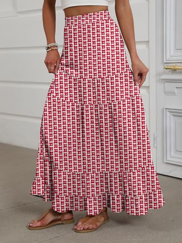 Image of ANRABESS Womens Maxi Skirt Elastic High Waist Swing Tiered A-line Flowy Pleated Boho Beach Vacation Long Skirts