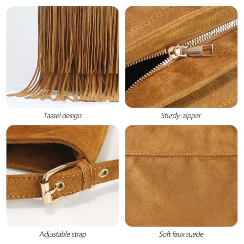 Women Fringe Hobo Bag Vegan Suede Tassel Hippie Crossbody Bag Western Fringe Purse Shoulder Bag4