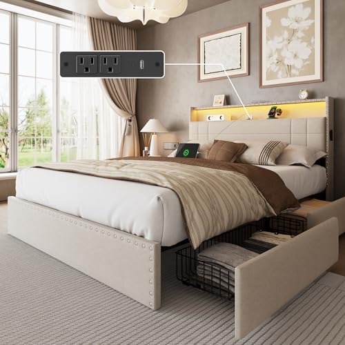 Forestell Queen Bed Frame with Headboard, Upholstered Platform Bed with 4 Storage Drawers, Built-in LED Lights & Charging Station, Metal Slats Support, No Box Spring Needed, Beige, Cama Queen Size