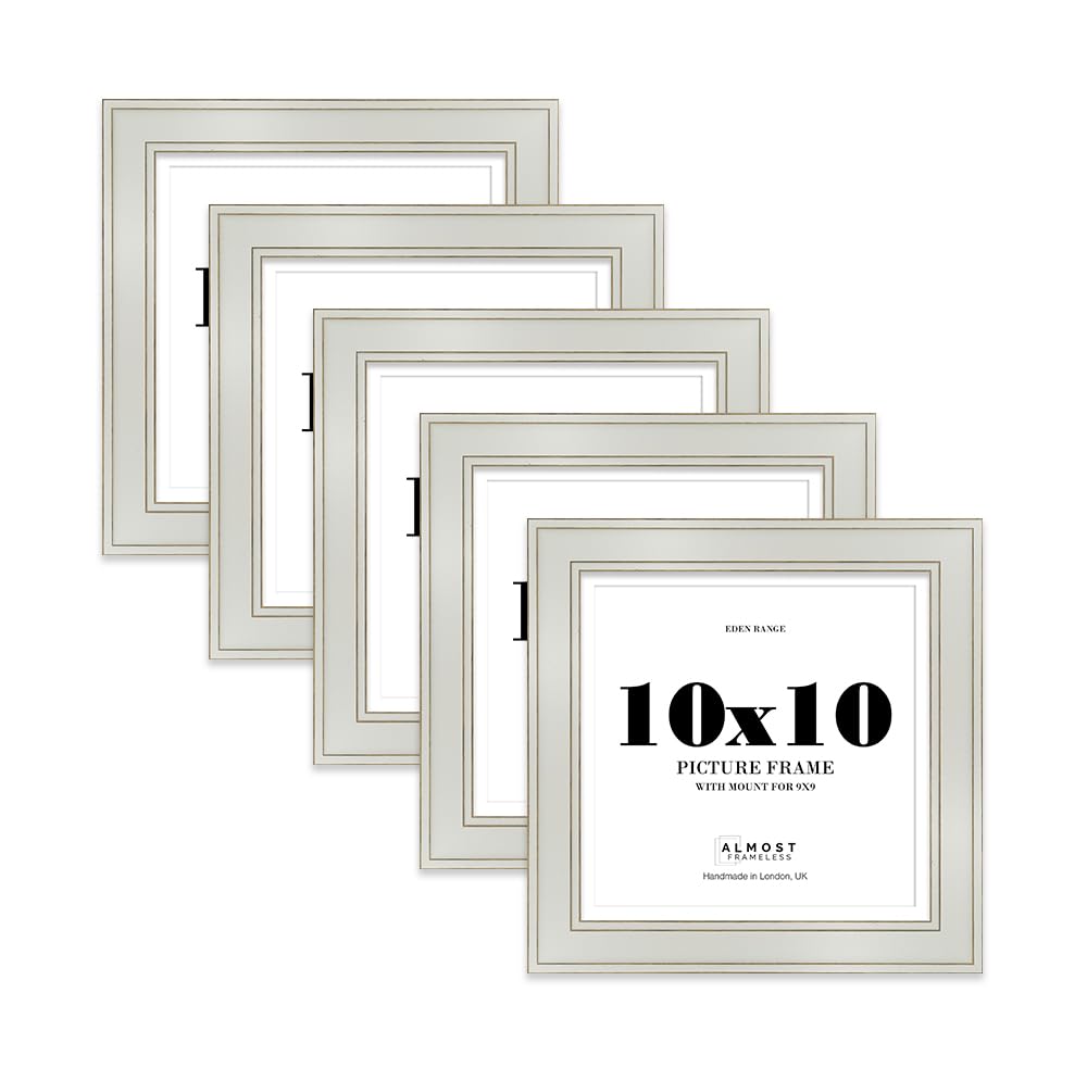 10x10" Light Grey Square Picture Frame with 9x9" Mount - Shabby Chic Photo Frame with Distressed Finish, Gold Trim, Wall Hooks and Kickstand, 37mm Edge - 5 Pack