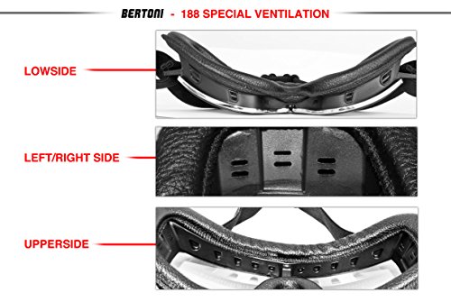 Bertoni Motorcycle Riding Goggles Black Leather Chromed Frame - Anticrash Lens -Special Ventilation Mod. Af188A Clear Silver Mirror Lens - Motorbike Vintage Aviator Glasses #TOP3