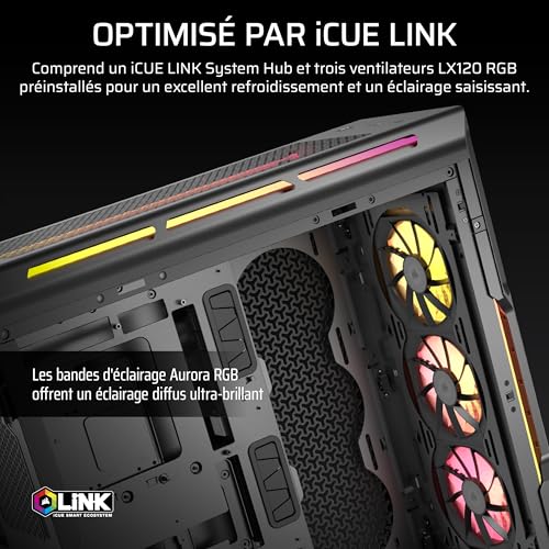 Corsair iCUE Link 5000T LX RGB Boîtier PC ATX de Taille Moyenne – 3X Ventilateurs LX120 RGB Préinstallés, Bandes Lumineuses RGB Aurora Intégrées, Intérieur Spacieux, Hub du iCUE Link Inclus – Noir