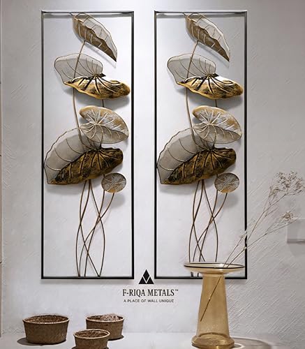 Image of F-RIQA METAL Golden Leaf Metal Wall Art Set of 2 Panels | Modern Iron Wall Hanging Decor for Living Room, Bedroom, Dining Room, Hallway & Office (36 x 13 Inch Each)