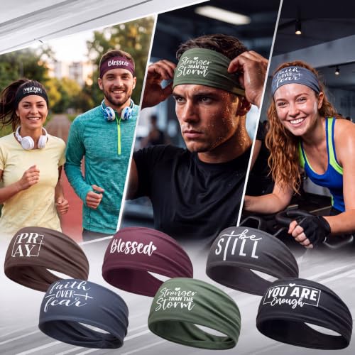 Image of 6 Pcs Inspirational Christian Headbands Athletic Sweatband for Men Women with Motivational Quotes Religious Moisture Wicking Head Bands for Running Yoga Cycling Gym Tennis Football