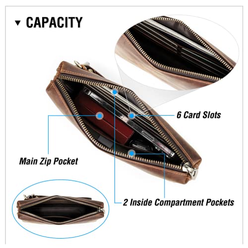 Image of Top Grain Genuine Leather Clutch Wallet with Wristlet for Man & Woman, Handmade Simple Retro Vintage Design, Multi Pockets & Card Slots, RFID Large Capacity for Cards /ID /Checks /Banknote /Phone, Coffee