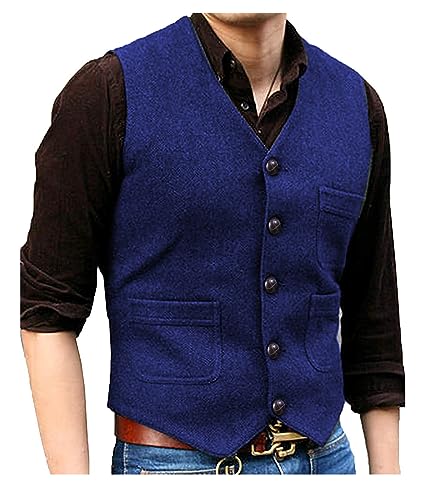 Image of SOLOVEDRESS Mens Vintage Tweed Suit Vest V Neck Casual Wool Waistcoat for Wedding Groomsmen