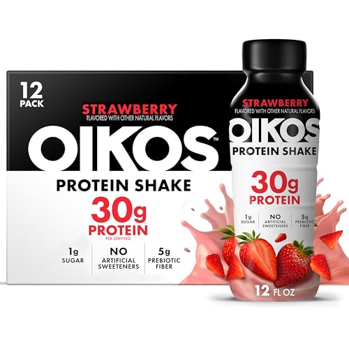 Oikos 30g Protein Shake Strawberry Shelf Stable High Protein Drinks Ready to Drink 5g Prebiotic Fiber 12 fl oz Bottle 12 Count