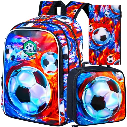 Image of Soccer Backpack for Boys, 16 inch Kids Bookbag with Lunch Box, 3Pcs Football School Backpacks for Elementary Preschool Kindergarten (Fire and Ice)
