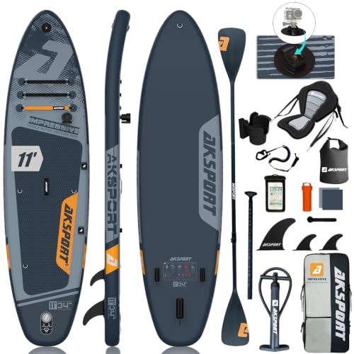 AKSPORT 11 aufblasbares SUP Board mit Premium-Zubehörset 34 Zoll extra breit rutschfeste Deckoberfläche Stand Up Paddling Board für Erwachsene Jugendliche alle Level