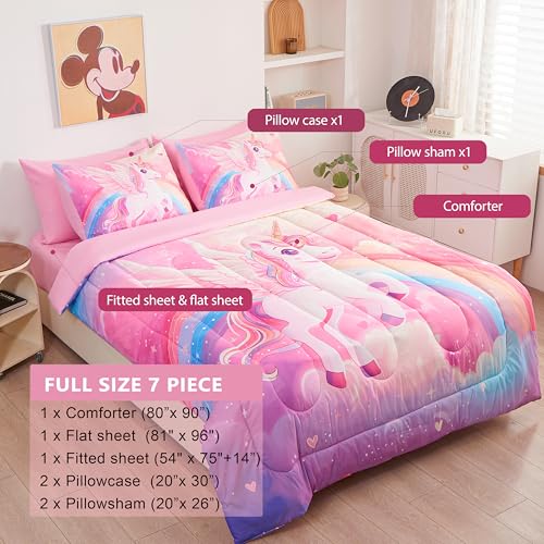 Image of Unicorn Bedding Full Size for Girls 7 Piece,3D Colorful Pink Purple Unicorn Comforter Set for Girls, Ultra Soft and Fluffy, Rainbow Bed Set with Comforter Sheets Pillowcase & Sham