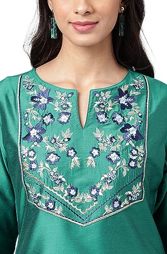 Image of Janasya Women's Peacock Green Poly Silk Yoke Embroidered Straight Kurta