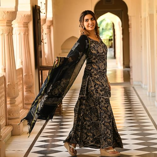 Image of GoSriKi Women's Rayon Blend Straight Printed Kurta with Sharara & Dupatta