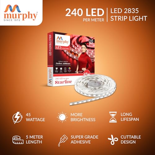 Image of Murphy 45W LED Strip Light 2835 High Lumen 5 Metre (240 LEDs /Mtr) Cool White - 12V DC 10A Driver Included | Cove /False Ceiling /Decor Light (Pack of 5, 1-Year Warranty)