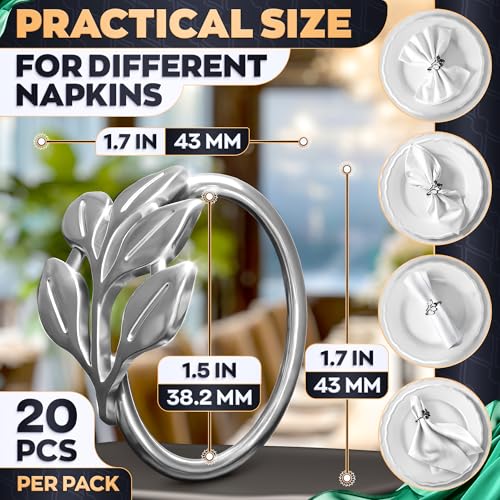 Image of Silver Napkin Rings Set of 20, Decorative Leaf Design Metal Holders | Elegant Accents for Weddings, Birthdays, or Special Occasions - Reusable Rings Dress Up Dinner, Buffet, and Holiday Tables