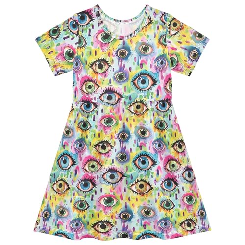 Evil Eyes Rainbows Leopard Printed Girls Fashion Dress Short Sleeve Spring Dresses for Toddler Girls Party Dress 2T
