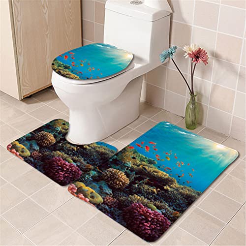 3-Teiliges Badteppich-Set Dreiteiliges Set Mit Haifisch-Delfin-Kleinfisch-Muster, rutschfest, Saugfähig, Toiletten…