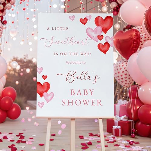 A Little Sweetheart Is On The Way Welcome Poster Custom Valentines Day Baby Shower Decor with Pink & Red Hearts