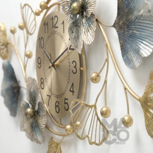 Image of Decorative Metal Floral Wall Clock for Hall with Gold Tone Round Face, Sculpted Blue Leaves, Quiet Analog Wall Clock for Bed Room Luxury Home Decor Accent