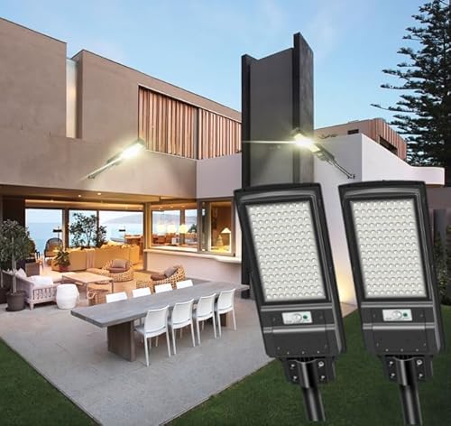 TOPPOW Paquete de 2 luces solares de calle de 300 W impermeables para exteriores, 48000 lm, 504 luces solares LED para exteriores con control remoto del anochecer al amanecer, luces solares de