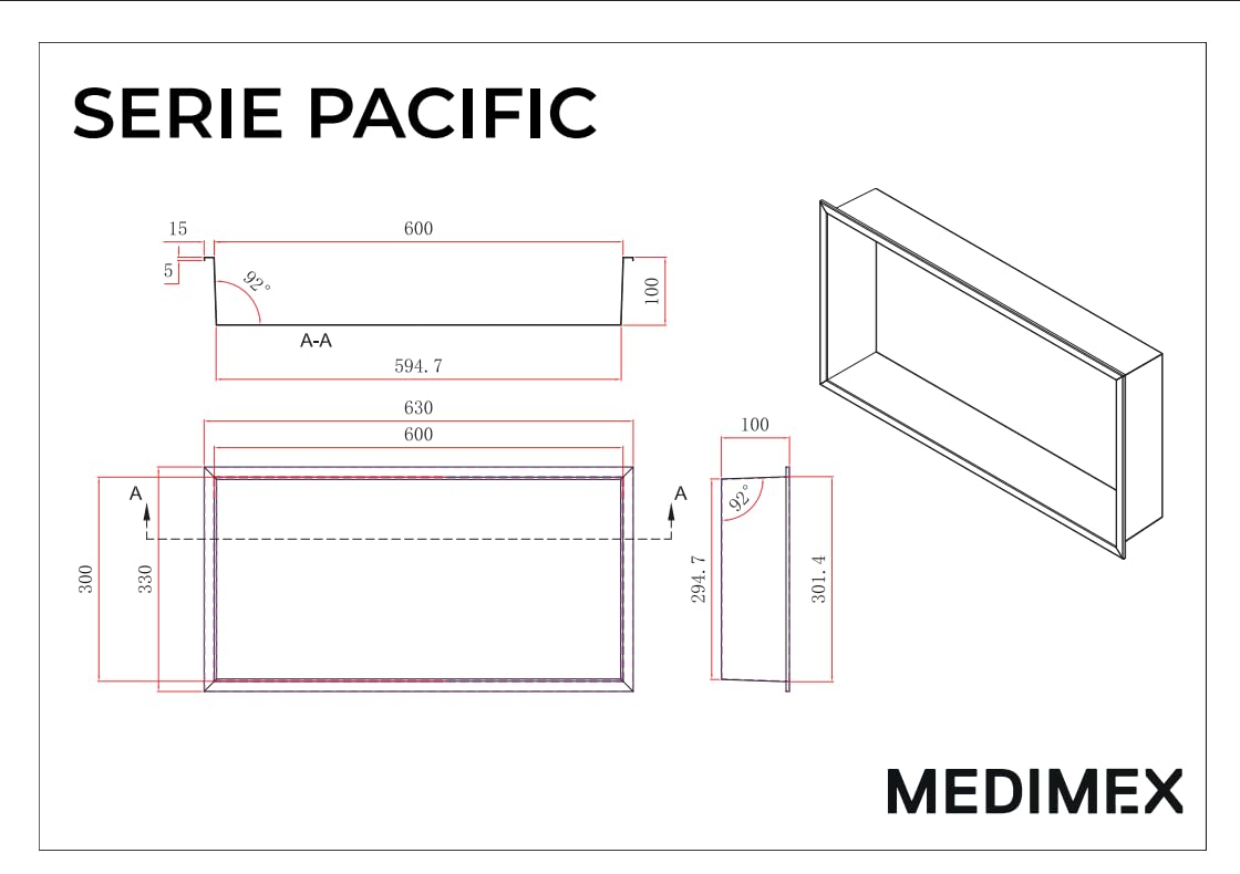 Hornacina Ducha Empotrable Horizontal 63x33 cm Acero Inoxidable S.304 Nicho Baño Pared | Estante Ducha Grande Integrado Anticorrosión Nicho de Ducha Empotrable | MEDIMEX Pacific