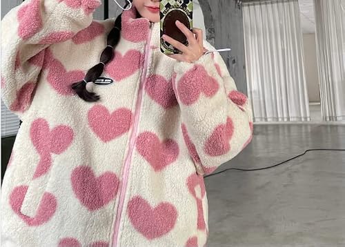 Women's Fleece Sherpa Jackets Reversible Kawaii Heart Print Fuzzy Zip Up Coats Aesthetic Y2K Winter Oversized Outwear (Pink,Xl) #TOP3