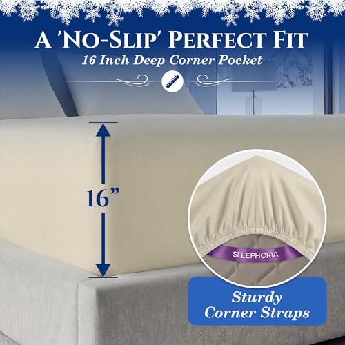 SLEEPHORIA Cooling Fitted Sheet Full Size - 1 PC BreezeWeave Cooling Sheets for Hot Sleepers & Cool Rest w/ 16 in Deep Pocket - Corner Straps, Cloud Soft, Ultra Durable - 52 x 72 in (Cream) — view 5