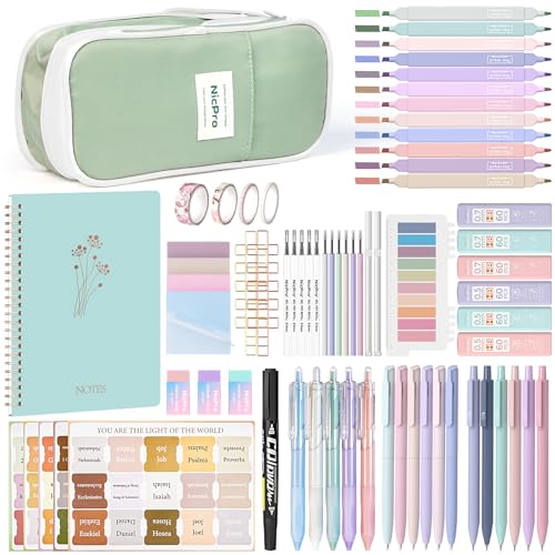 Nicpro 76PCS Bible Study Supplies Journaling Kit for Women, Bible Journal Set, Christian Gifts, Cute Spiral Notebook Stationary Set with Pen Case, Pastel Highlighter & Gel Pens No Bleed, Sticky Notes