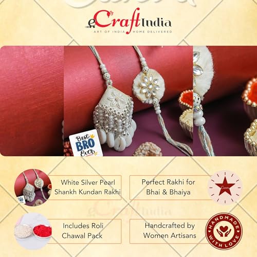 Image of eCraftIndia White Silver Pearl Shankh Kundan Designer Bhaiya Bhabhi Rakhis with Best Bro Ever Fridge Magnet | Set of 2 Rakhi for Brother and Bhabhi | Lumba Rakhi | Roli Chawal Pack