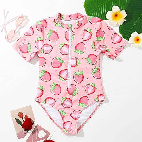 Kids Girls Strawberry Print Short Sleeve Zipper Swimsuit One Piece UPF 50+ Rash Guard Lightweight Beach Swimwear2