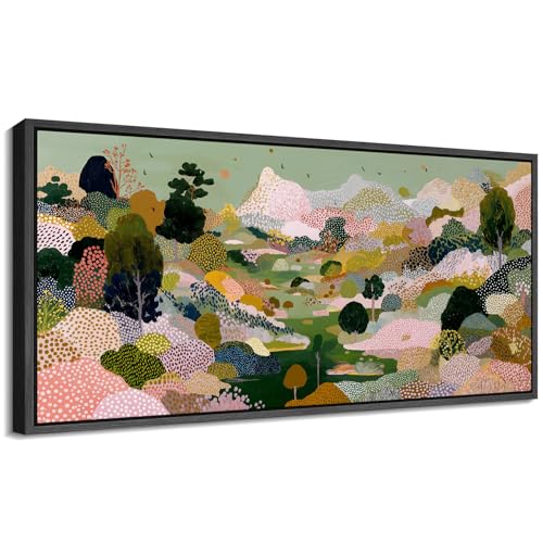 Image of MUDECOR Extra Large Framed Canvas Print Wall Art Colorful Abstract Landscape with Trees Contemporary Antique Retro Ready to Hang Painting for Living Room Bedroom Multi-Sizes - 60 inchx30 inch
