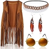 Kapmore Disfraz hippie esencial para mujer, estilo años 60 y 70, con chaleco de borla, diadema bohemia, aretes de borla y gafas de sol, chaleco completo sin mangas, con flecos, conjunto hippie para