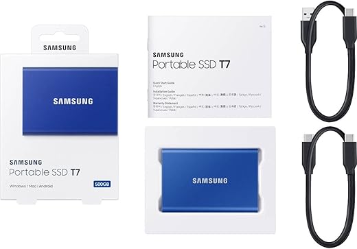 Samsung T7 500GB Up to 1,050MB/s USB 3.2 Gen 2 (10Gbps, Type-C) External Solid State Drive (Portable SSD) Blue (MU-PC500H)