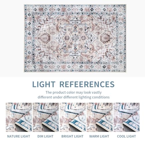 Dotiiorug Boho Washable Area Rug for Entryway,2x3 Low Pile Indoor Non Slip Carpet Kitchen Dining Room Soft Stain Resistant Bedroom Rug Non-Shedding White/Brown/Blue — view 5