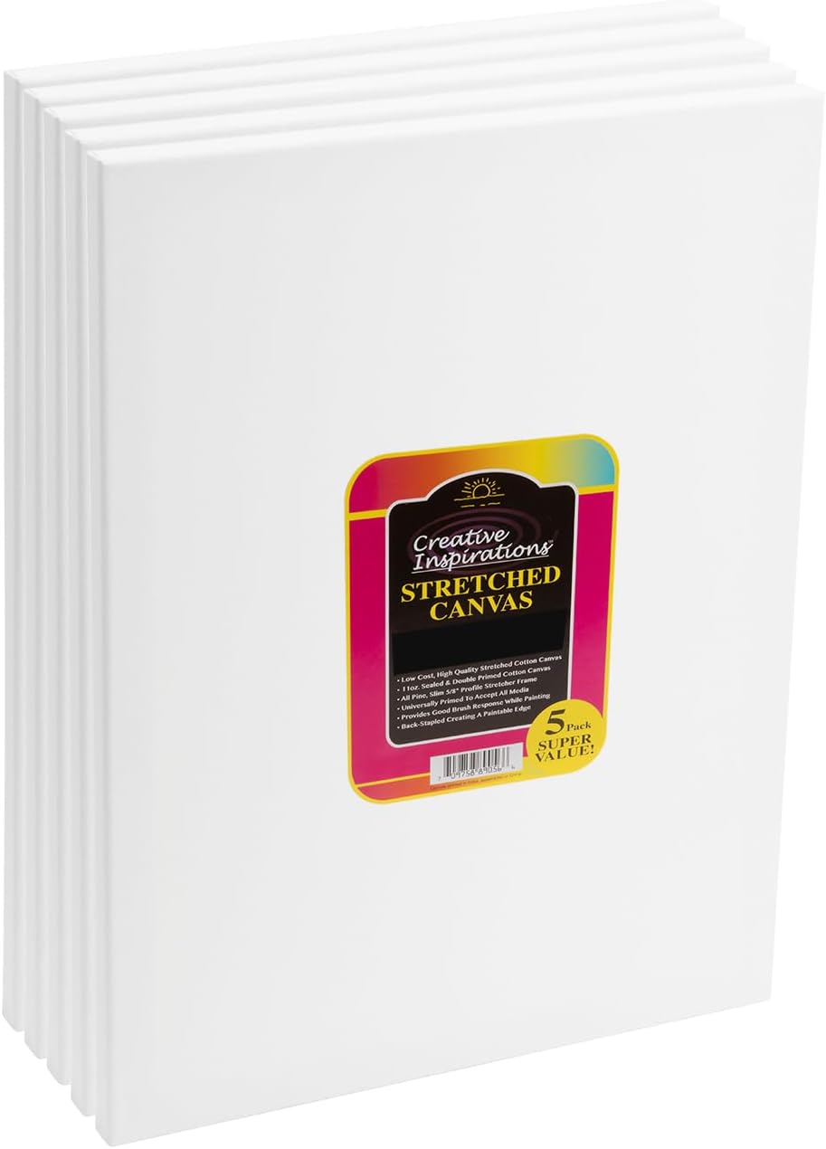 Creative Inspirations 12x24 Stretched Canvas Super Value 5 Packs - Artist Quality, Low Cost Canvas, Cotton Duck, Acid Free, Archival, Accepts All Paints, Double-Primed 10oz, Paintable Edges
