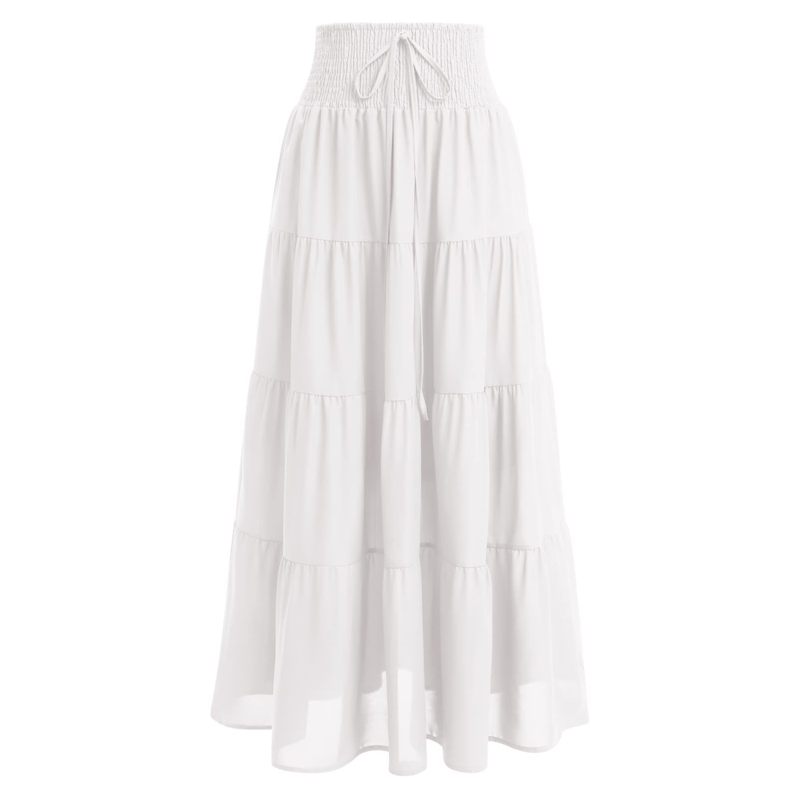 IWEMEKWomen Boho Elastic Waist A Line Ruffle Beach Convertible Maxi Skirt Dress Tired Pleated Drawstring Chiffon Long Skirts