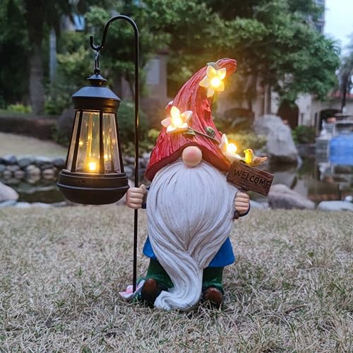 Yardancer Solar Gnome Garden Statues Outdoor Décor with Lantern- Gnome Figurines Solar LED Light Lawn Ornaments - Yard Decorations for Patio, Balcony, Backyard -Unique House Warming Gifts for Mom