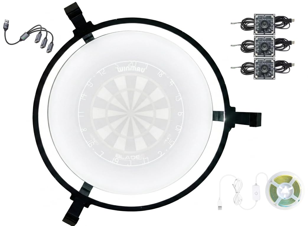 Autodarts Komplett-Set – Automatisches Dart-Zählsystem inkl. Kameraring, 3X USB-Kameras & LED-Beleuchtung – Kompatibel mit Winmau Blade & gängigen Dartboards