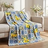 Horaldaily Spring Summer Flannel Blanket Throw, Vintage Lemons Jasmine Leaves Blue Yellow Soft Fuzzy Plush Cozy Fleece Blankets for Couch Sofa Bed Lounging, Ideal Gifts for Kids Adults Self, 50x60