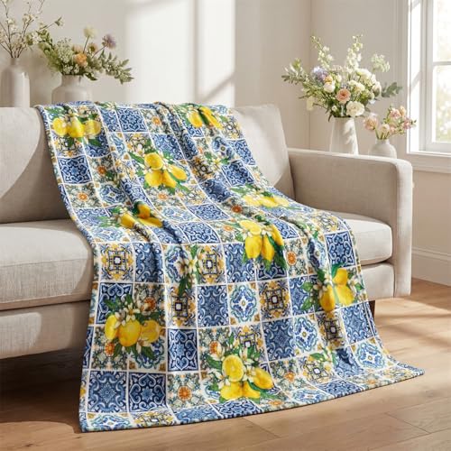 Horaldaily Spring Summer Flannel Blanket Throw, Vintage Lemons Jasmine Leaves