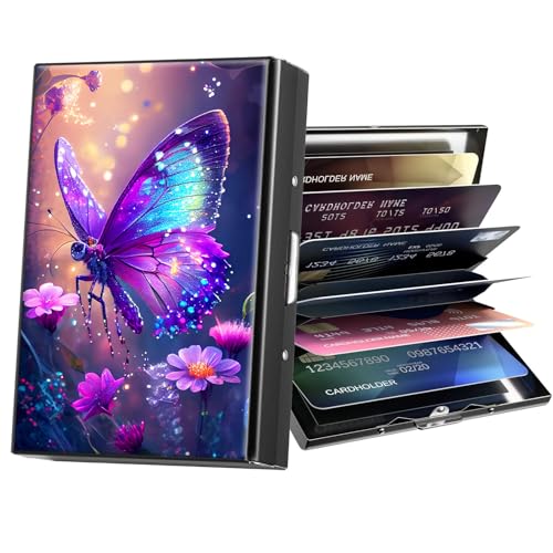 ACWDMKH Metal Wallet Credit Card Holder for Women Men RFID Blocking Card Holder Wallet Mini Slim Aluminum Wallet ID Case Hard Card Case Business Card Holder Case Glitter Butterfly Purple