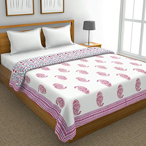 Image of BLOCKS OF INDIA 100% Cotton Dohar King Size Reversible Hand Block Printed Malmal Summer Dohar /Blanket (Multicolor Mughal Pink)