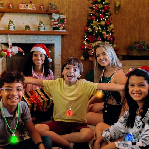 4PCS Christmas Light Necklace, Glow Christmas Necklace with Bulb Pendent, Red Yellow Green Blue 3 Modes Xmas Necklace Bulk, 3D Christmas Necklace Accessories for Ugly Sweater New Year Family Party4