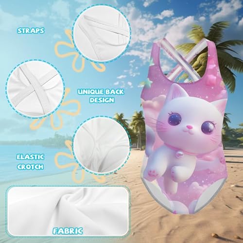 Image of Girls One Piece Cat Swimsuits Quick Dry Cartoon Beach Bathing Suit Crossback Swimwear for Kids 5-14 Years